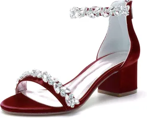 Hyinlays Women's Open Toe Ankle Strap Low Block Chunky Heels Crystal Satin Wedding Sandals Prom Party Dress Pump Shoes