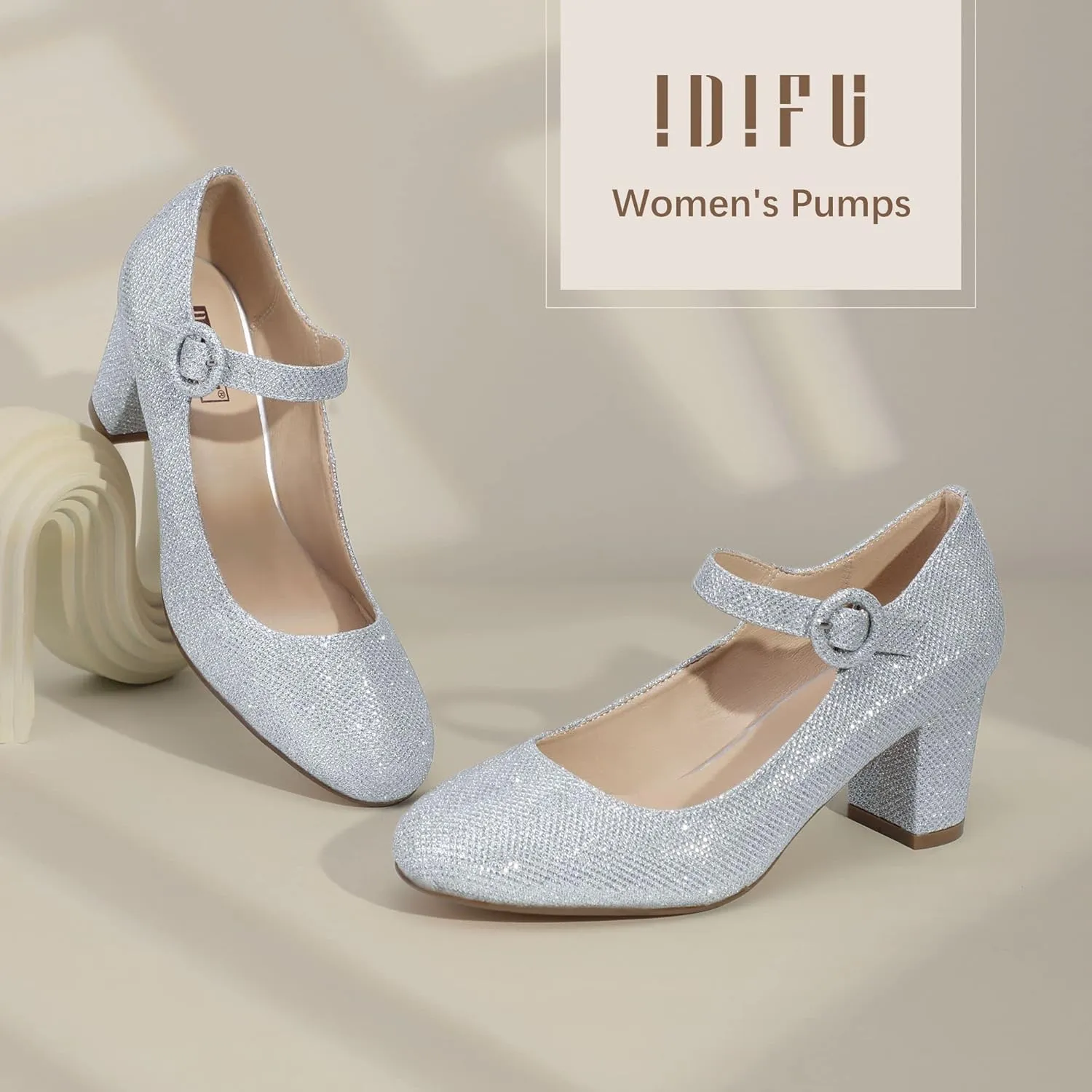 IDIFU Women's Candy Dress Mary Jane Shoes Low Block Heels Closed Round Toe Office Work Church Wedding Pumps