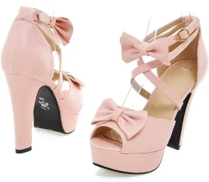 Inornever High Heels Plaform Sandals for Women Sweet Bowtie Strappy Chunky Heels Party Wedding Pump Shoes Pink 8 B (M) US