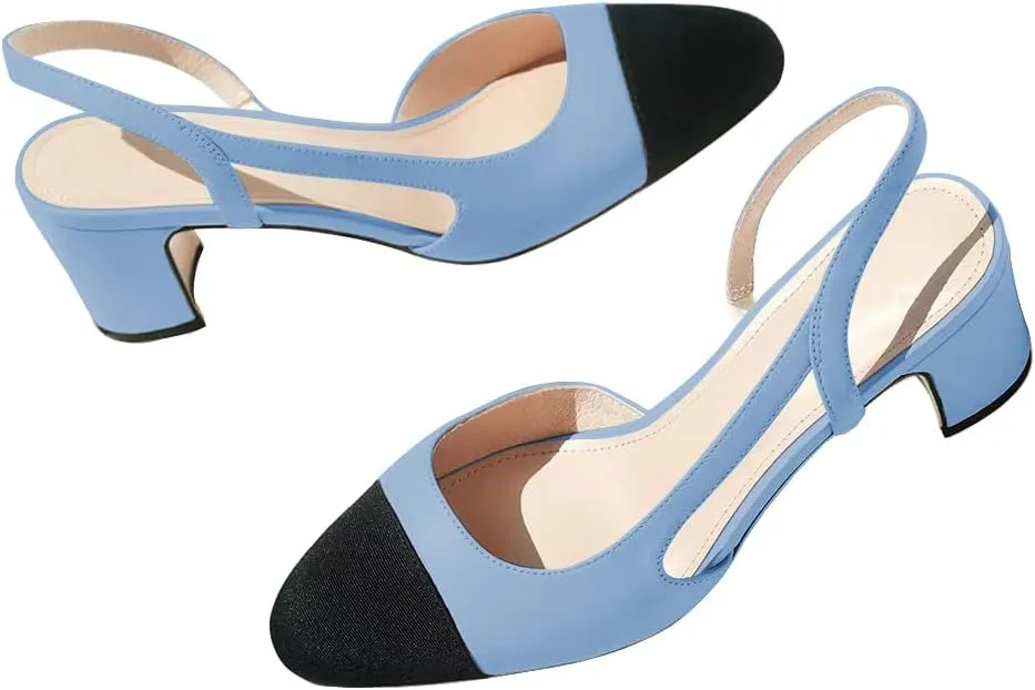 JANSEVEN Slingback Shoes For Women Heels Chunky Pumps Block Heel Two Straps Heeled Sandals Almond Cap Toe Pump Splicing Two Tone Dress Office Shoes