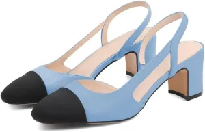 JANSEVEN Slingback Shoes For Women Heels Chunky Pumps Block Heel Two Straps Heeled Sandals Almond Cap Toe Pump Splicing Two Tone Dress Office Shoes