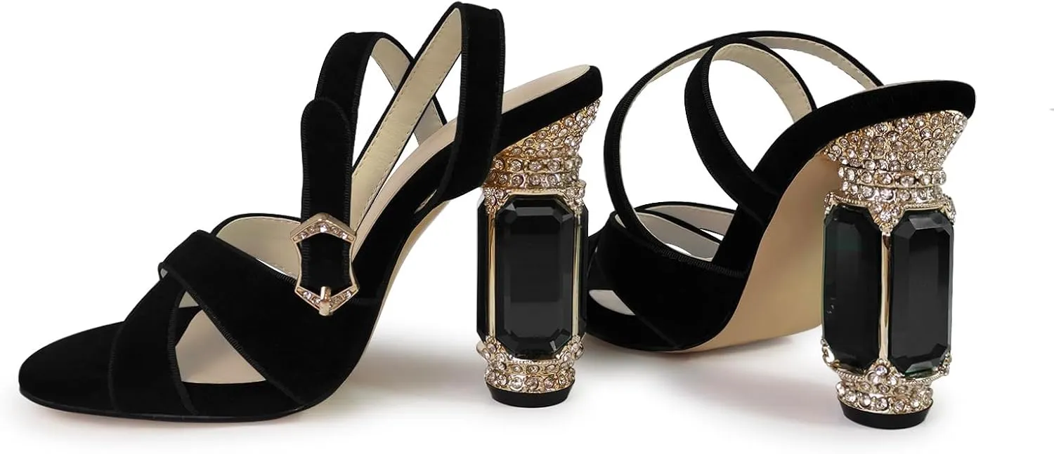 JANSEVEN Women Rhinestones High Heels Chunky Block Heeled Crystal Sandals Cross Strap Peep Toe Gemstone Heel Suede Sandal Party Bridal Wedding Shoes 4 Inches