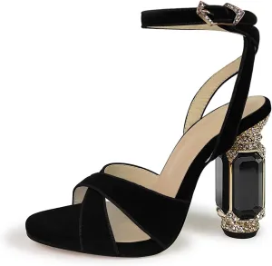 JANSEVEN Women Rhinestones High Heels Chunky Block Heeled Crystal Sandals Cross Strap Peep Toe Gemstone Heel Suede Sandal Party Bridal Wedding Shoes 4 Inches