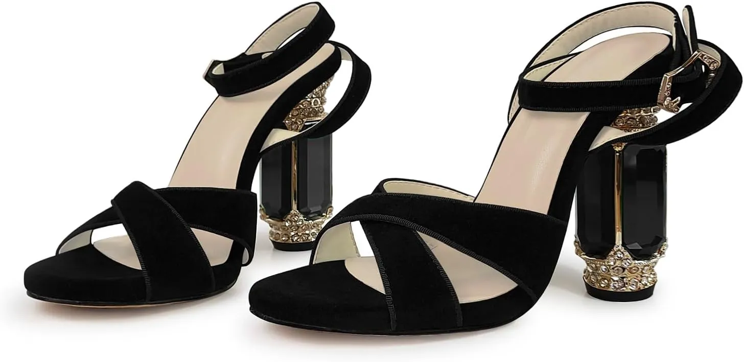 JANSEVEN Women Rhinestones High Heels Chunky Block Heeled Crystal Sandals Cross Strap Peep Toe Gemstone Heel Suede Sandal Party Bridal Wedding Shoes 4 Inches