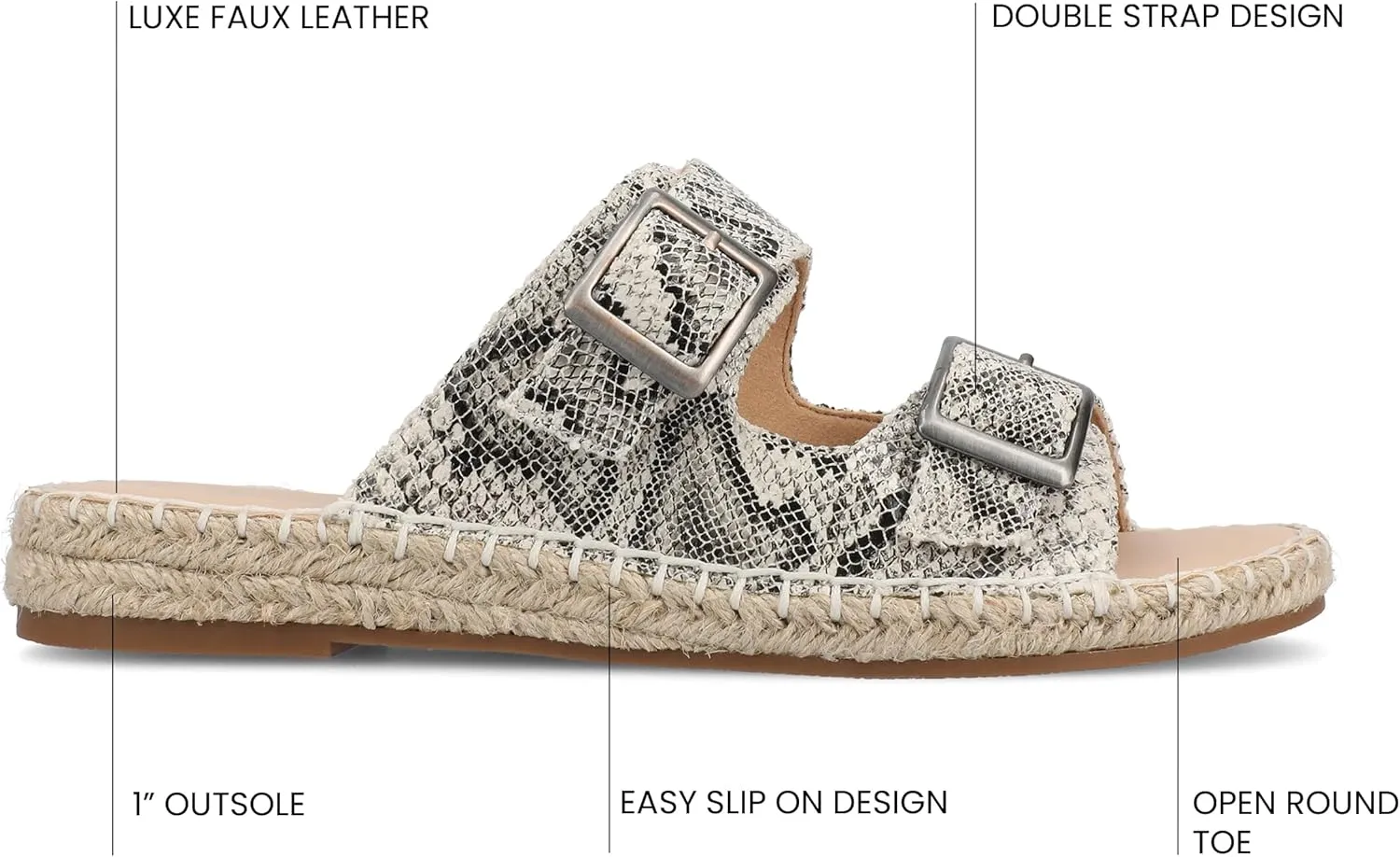 Journee Womens Slide On Sandal Cushioned Footbed Tresah Espadrille Open Toe Faux Leather Double Buckle