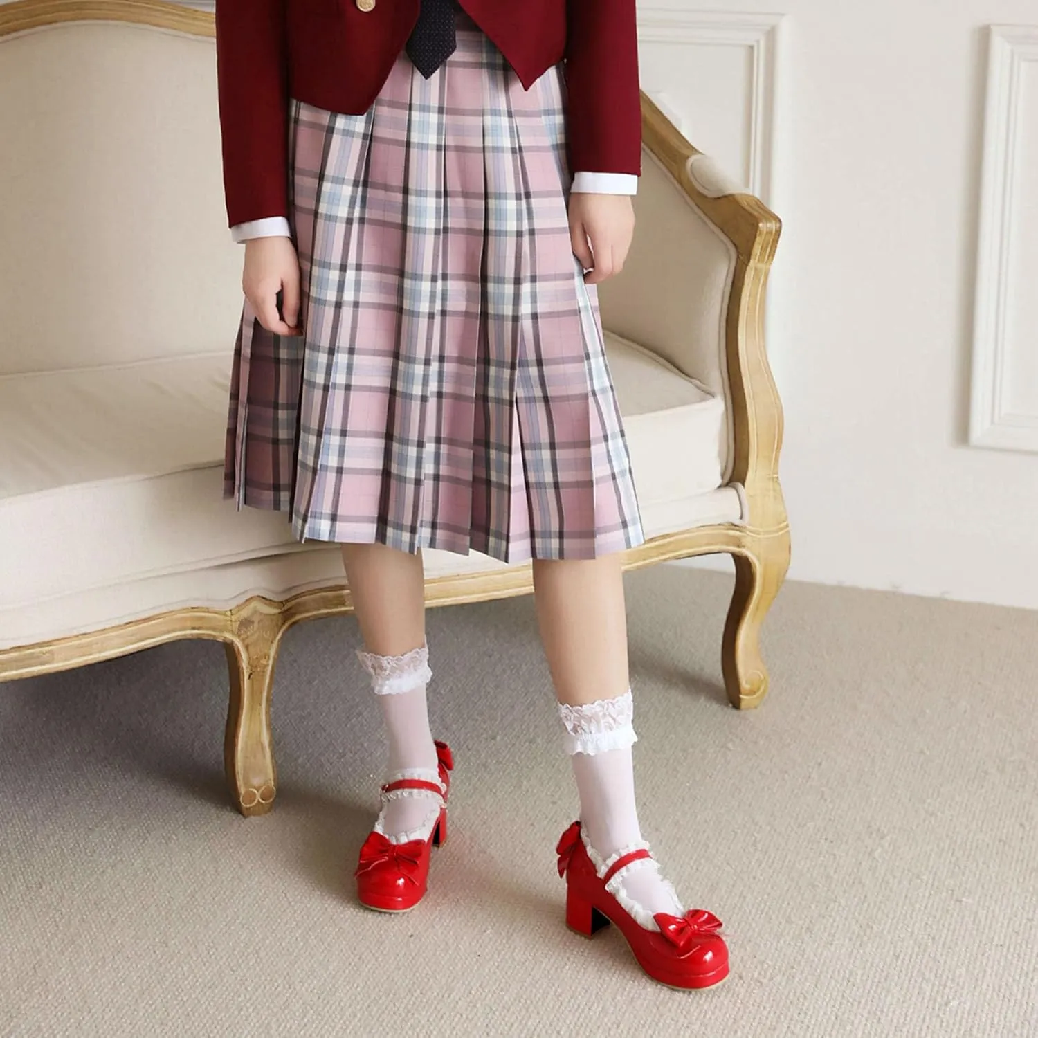Kawaii Mid Block Heel Mary Janes Platform Rockabilly Shoes Patent Chunky Heels Pumps Sweet Cute with Bow