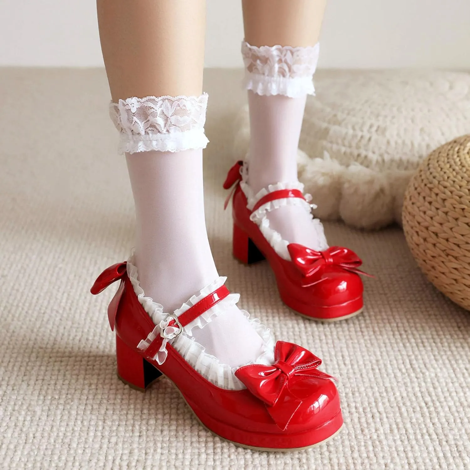 Kawaii Mid Block Heel Mary Janes Platform Rockabilly Shoes Patent Chunky Heels Pumps Sweet Cute with Bow