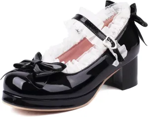 Kawaii Mid Block Heel Mary Janes Platform Rockabilly Shoes Patent Chunky Heels Pumps Sweet Cute with Bow