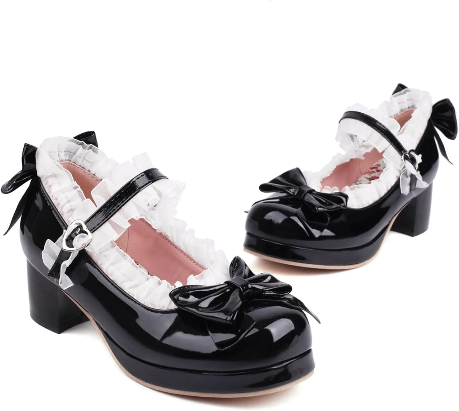 Kawaii Mid Block Heel Mary Janes Platform Rockabilly Shoes Patent Chunky Heels Pumps Sweet Cute with Bow