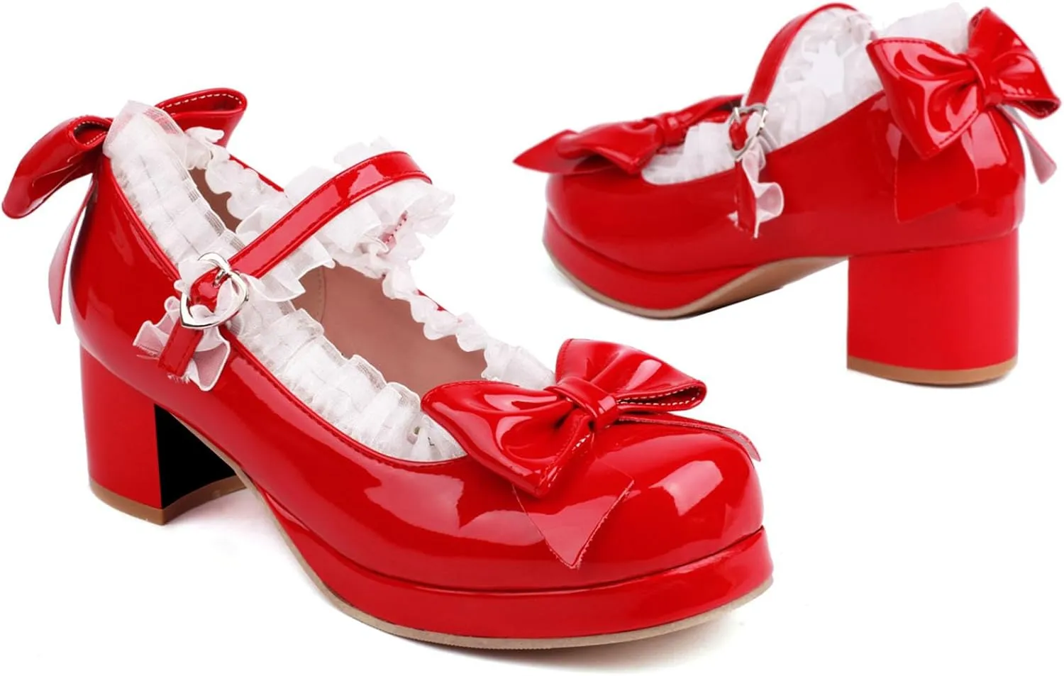 Kawaii Mid Block Heel Mary Janes Platform Rockabilly Shoes Patent Chunky Heels Pumps Sweet Cute with Bow