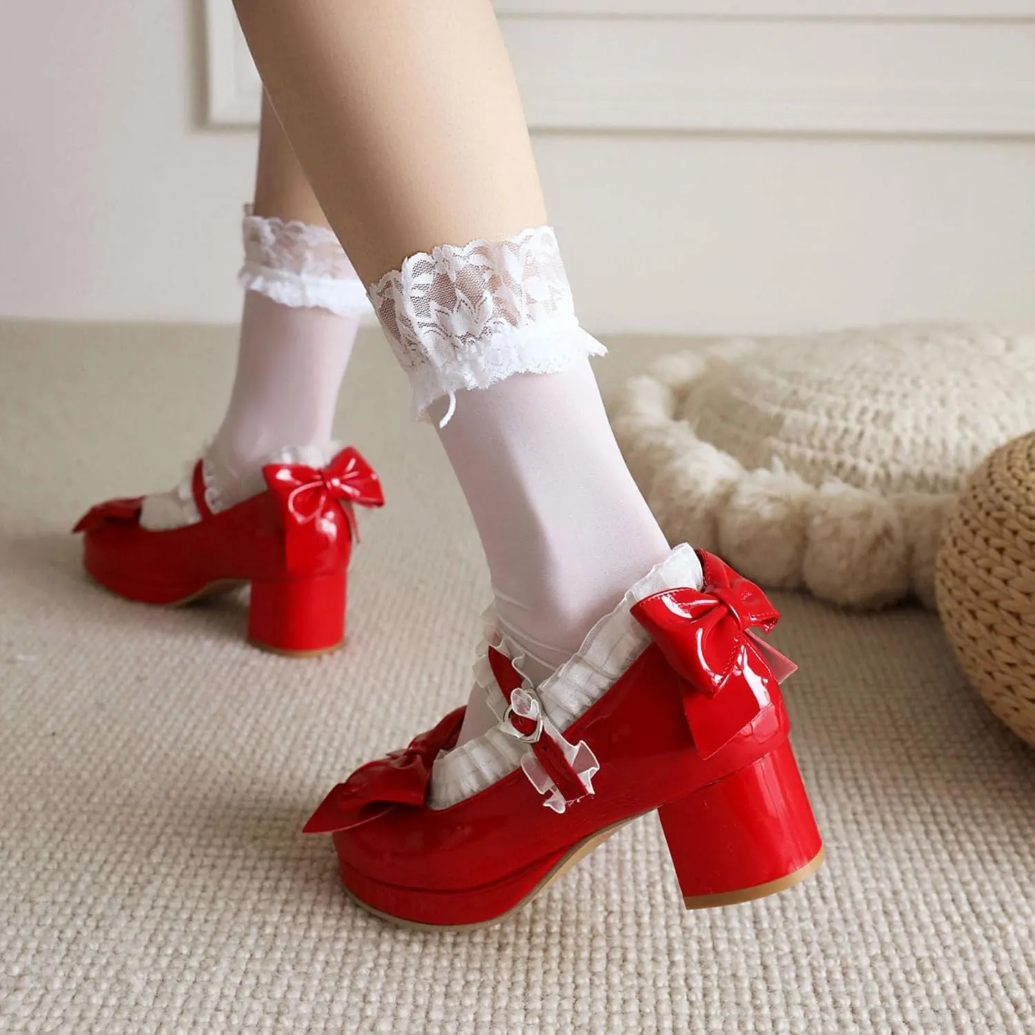 Kawaii Mid Block Heel Mary Janes Platform Rockabilly Shoes Patent Chunky Heels Pumps Sweet Cute with Bow