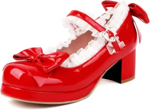 Kawaii Mid Block Heel Mary Janes Platform Rockabilly Shoes Patent Chunky Heels Pumps Sweet Cute with Bow
