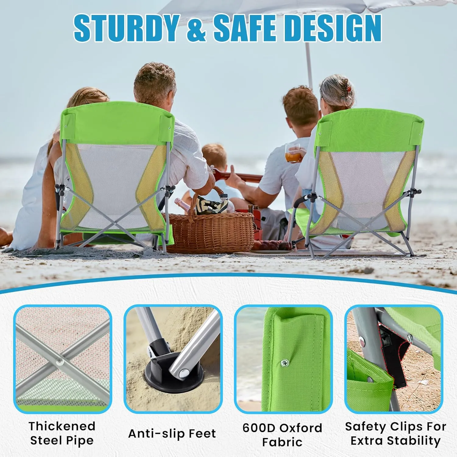 Lamberia Folding Beach Chair for Adults 2 Pack, Portable Low Beach Chairs with 300lbs Capacity, Lightweight Fodable Camping Chair for Travel, Picnic, Concert & Outdoor Activities,Green-Yellow