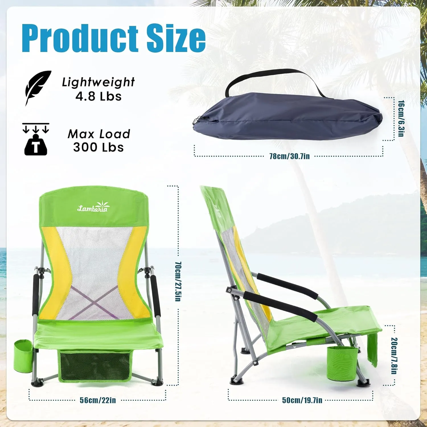 Lamberia Folding Beach Chair for Adults 2 Pack, Portable Low Beach Chairs with 300lbs Capacity, Lightweight Fodable Camping Chair for Travel, Picnic, Concert & Outdoor Activities,Green-Yellow