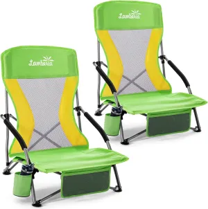 Lamberia Folding Beach Chair for Adults 2 Pack, Portable Low Beach Chairs with 300lbs Capacity, Lightweight Fodable Camping Chair for Travel, Picnic, Concert & Outdoor Activities,Green-Yellow