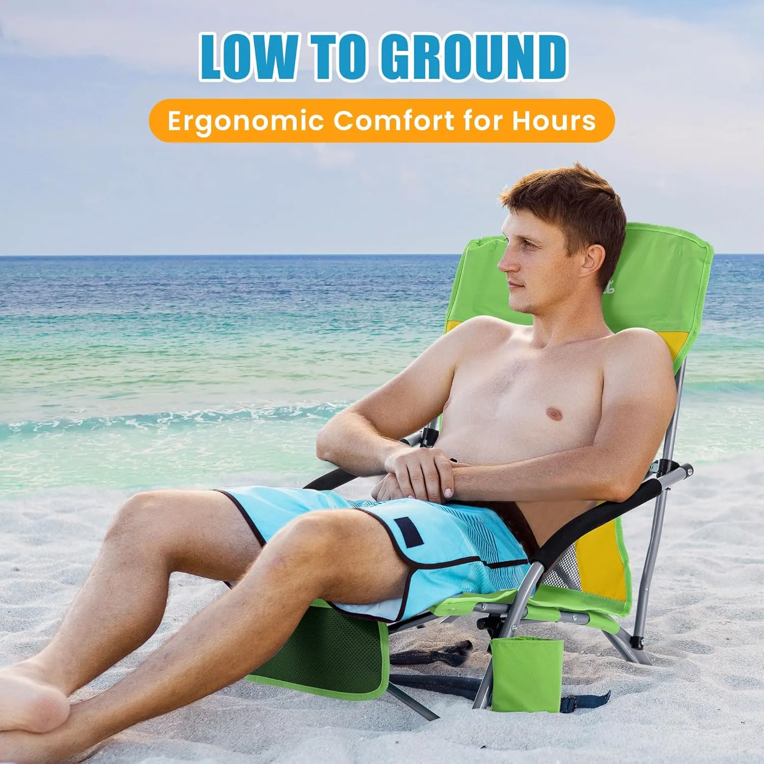 Lamberia Folding Beach Chair for Adults 2 Pack, Portable Low Beach Chairs with 300lbs Capacity, Lightweight Fodable Camping Chair for Travel, Picnic, Concert & Outdoor Activities,Green-Yellow