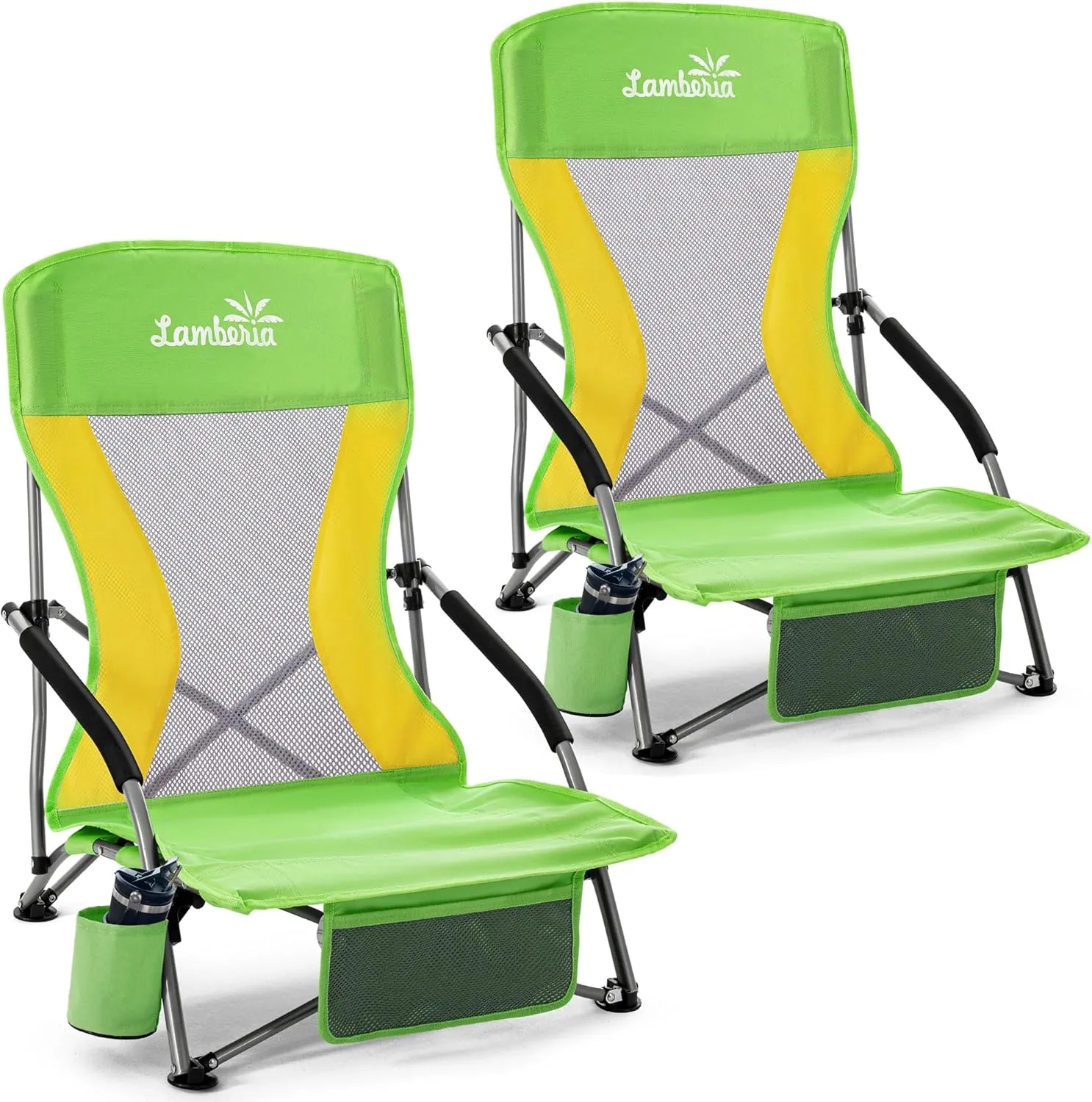 Lamberia Folding Beach Chair for Adults 2 Pack, Portable Low Beach Chairs with 300lbs Capacity, Lightweight Fodable Camping Chair for Travel, Picnic, Concert & Outdoor Activities,Green-Yellow
