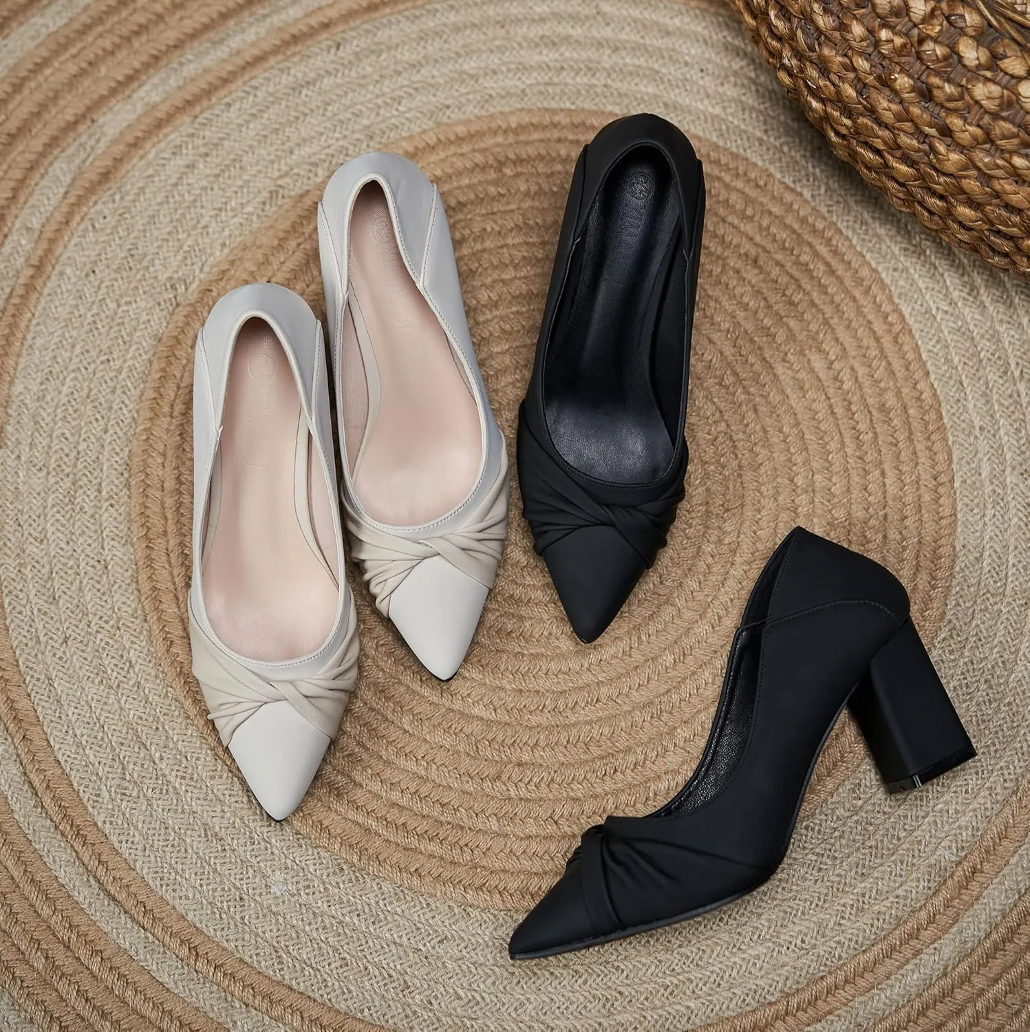 LizFoYa Women Ruched Band Office Daily Wear Work Pump Block Heel Pointed Toe Foldable Chunky Mid Heels