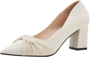 LizFoYa Women Ruched Band Office Daily Wear Work Pump Block Heel Pointed Toe Foldable Chunky Mid Heels