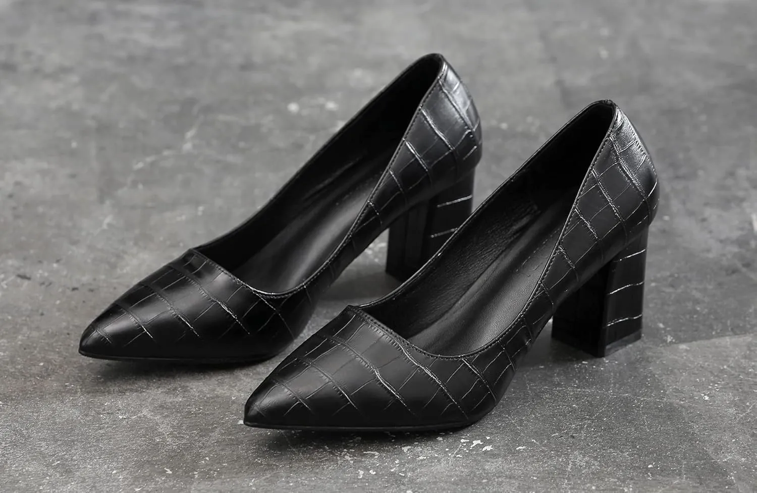 LizFoYa Women Sexy Pointed Toe Pumps Heel Office Lady Formal Crocodile Patterned Mid Walk Chunky Heels