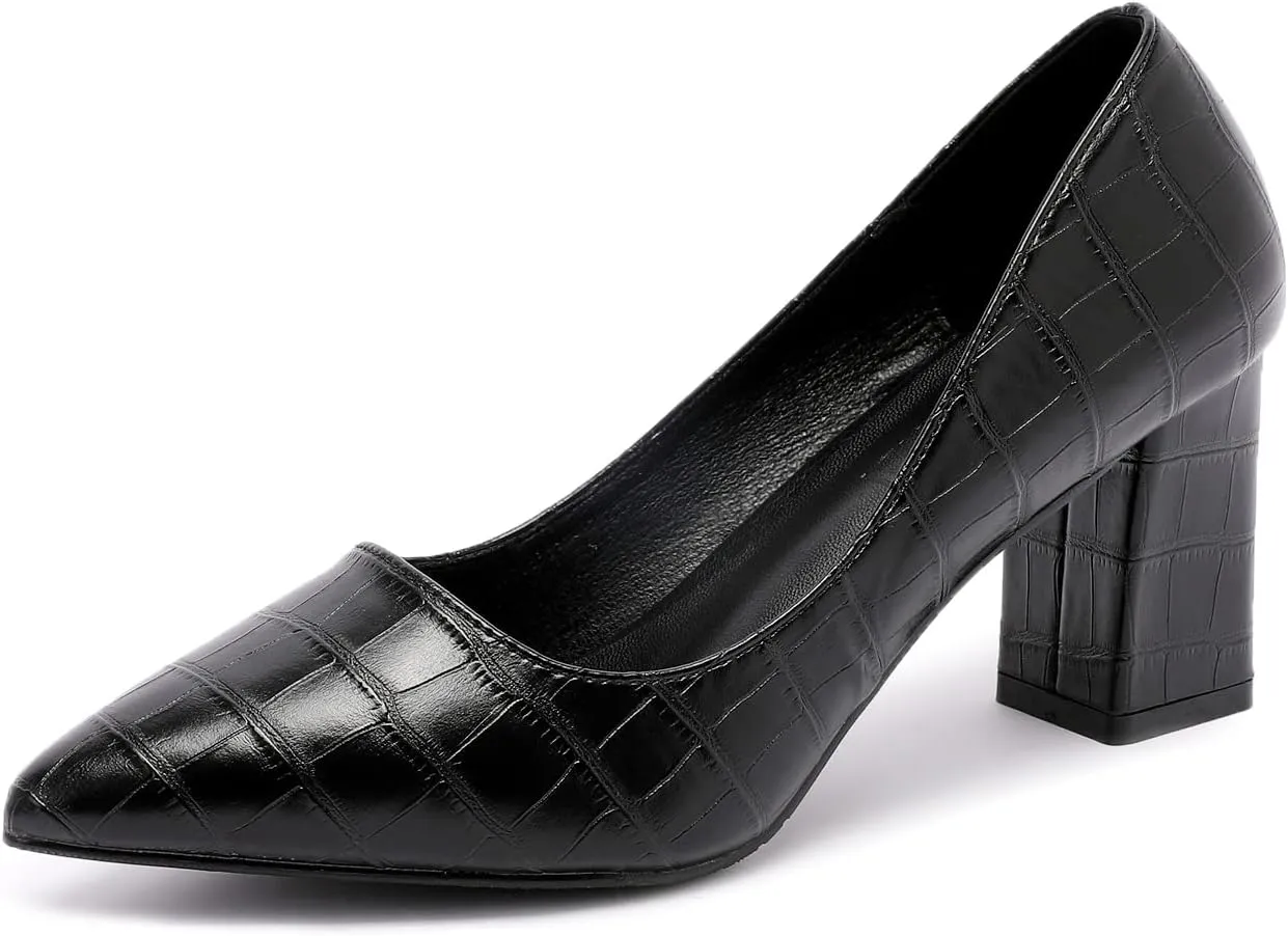 LizFoYa Women Sexy Pointed Toe Pumps Heel Office Lady Formal Crocodile Patterned Mid Walk Chunky Heels