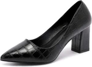 LizFoYa Women Sexy Pointed Toe Pumps Heel Office Lady Formal Crocodile Patterned Mid Walk Chunky Heels