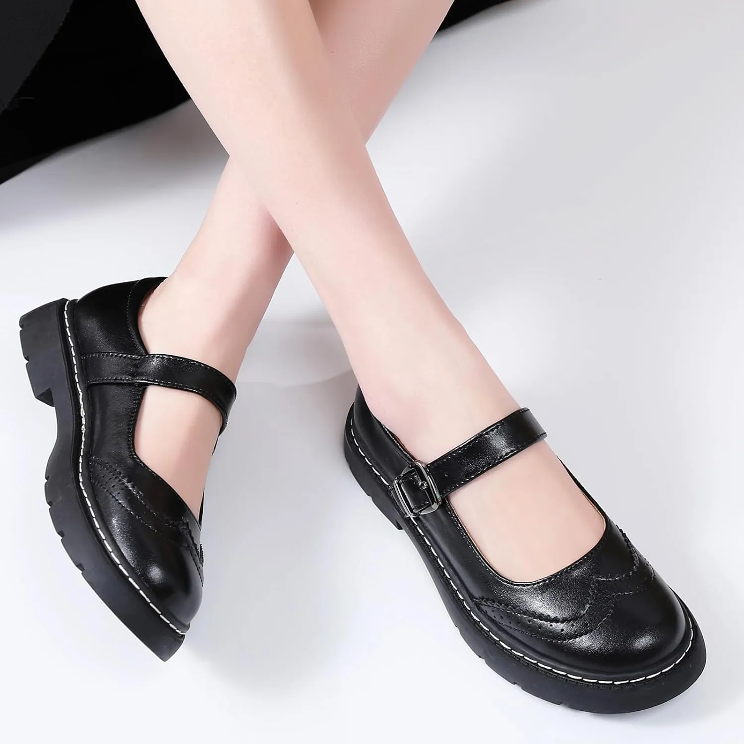 Mary Jane Shoes Women Platform Non-Slip Classics Round Toe Ankle Strap Brogues Style Comfort Casual Oxford Dress Work Mary Jane Flat Shoes