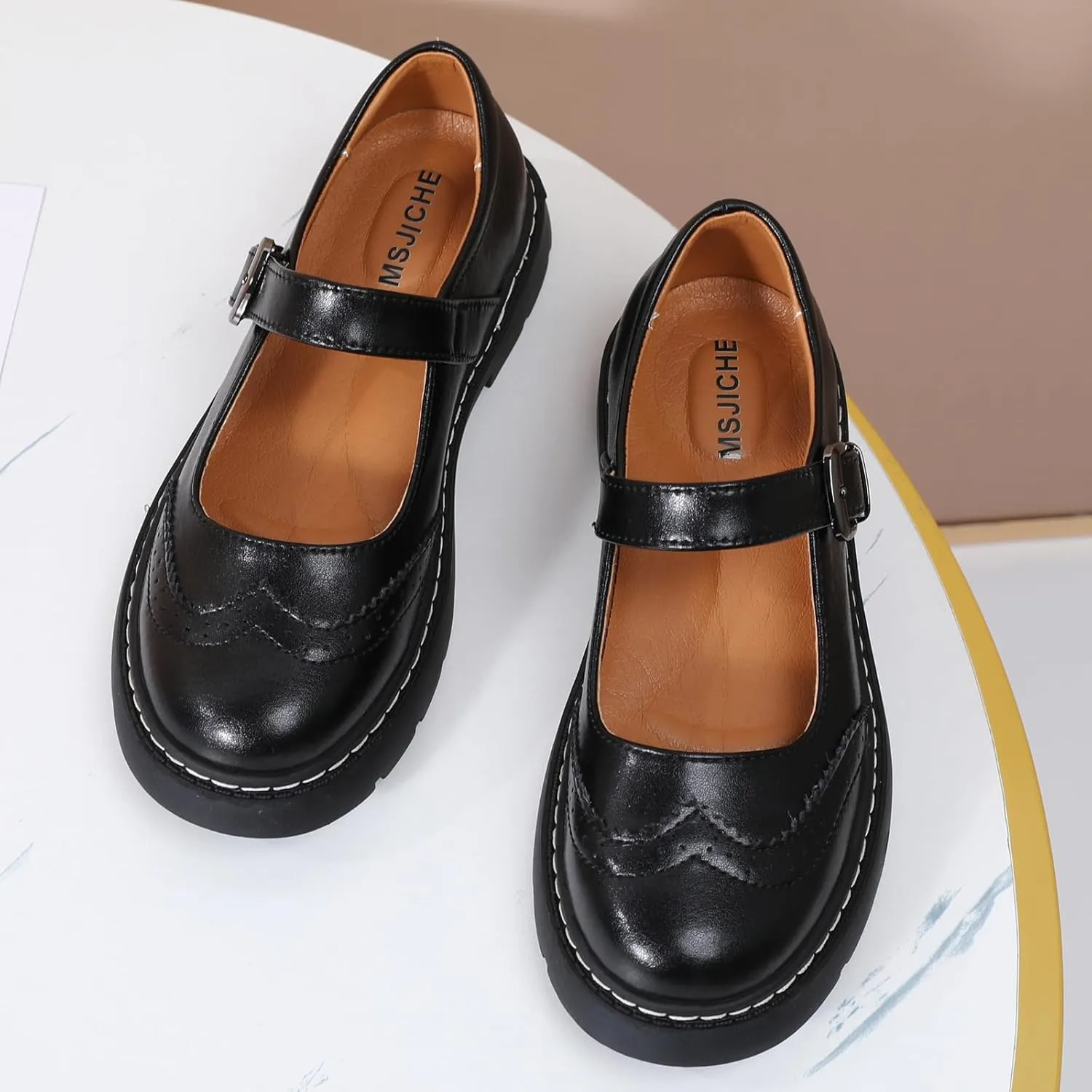 Mary Jane Shoes Women Platform Non-Slip Classics Round Toe Ankle Strap Brogues Style Comfort Casual Oxford Dress Work Mary Jane Flat Shoes