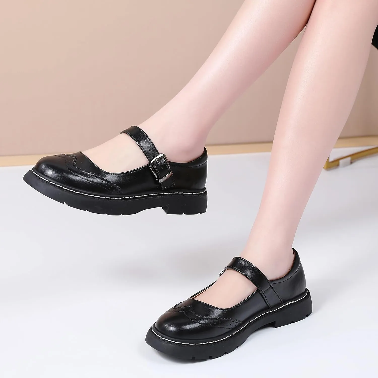 Mary Jane Shoes Women Platform Non-Slip Classics Round Toe Ankle Strap Brogues Style Comfort Casual Oxford Dress Work Mary Jane Flat Shoes