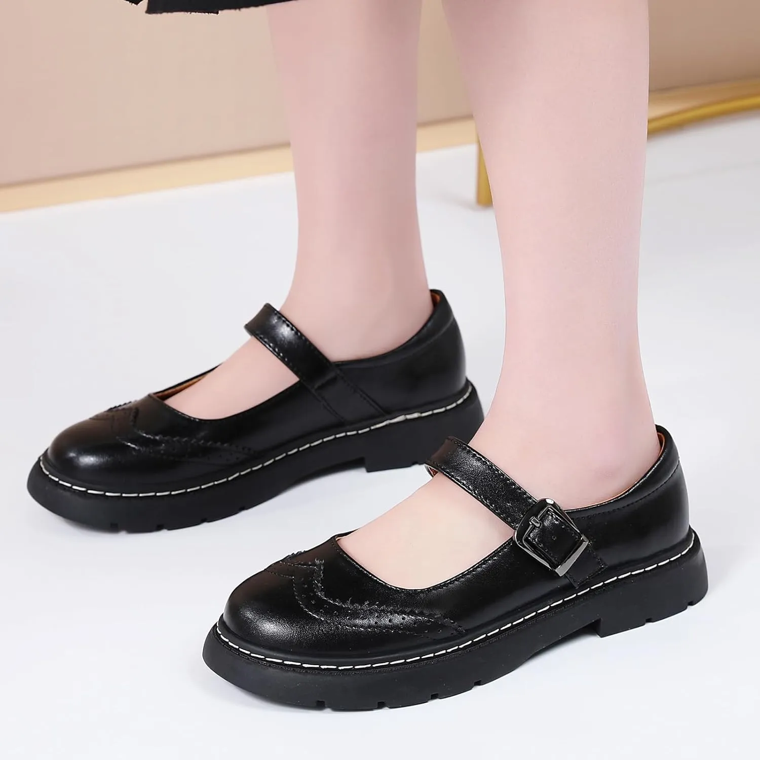 Mary Jane Shoes Women Platform Non-Slip Classics Round Toe Ankle Strap Brogues Style Comfort Casual Oxford Dress Work Mary Jane Flat Shoes
