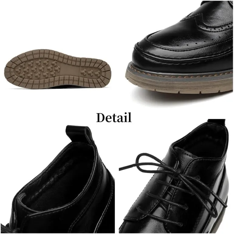 Men's Black Modern Retro Brogue Oxford Shoes with Chunky Sole Lace Up High Top Leather Footwear for Casual Wear
