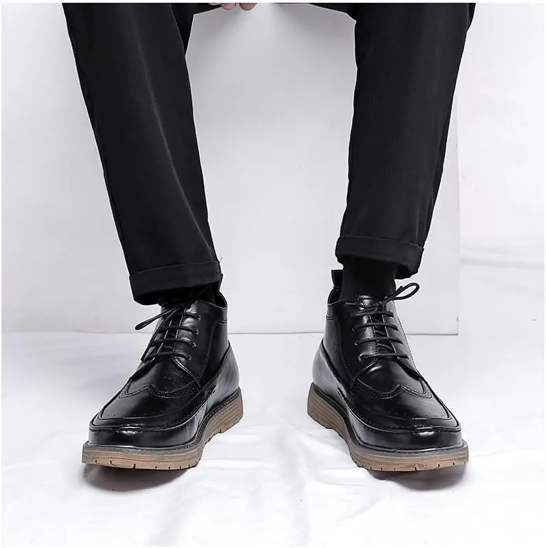 Men's Black Modern Retro Brogue Oxford Shoes with Chunky Sole Lace Up High Top Leather Footwear for Casual Wear