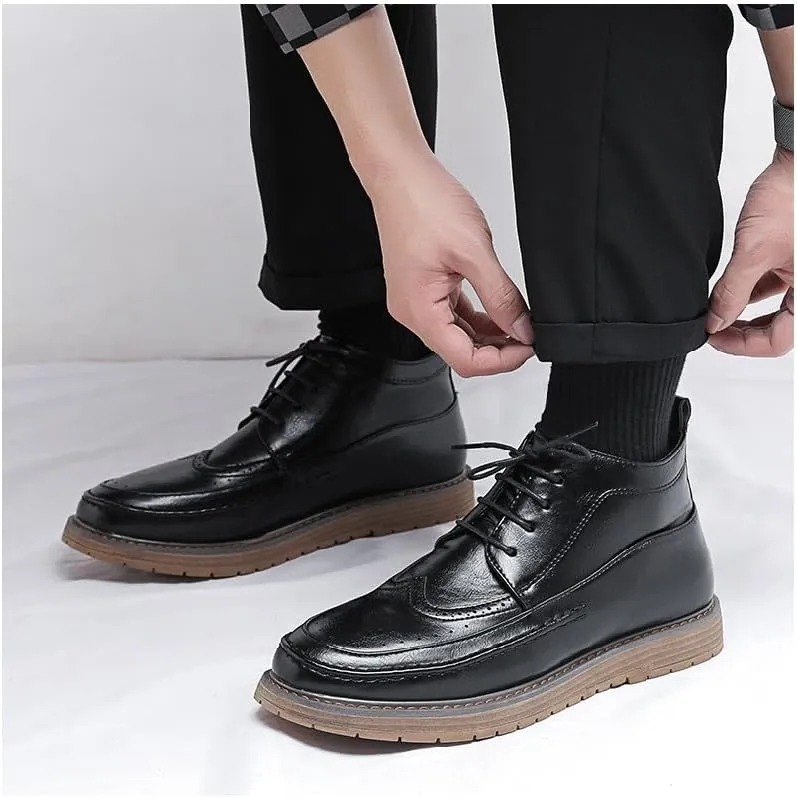 Men's Black Modern Retro Brogue Oxford Shoes with Chunky Sole Lace Up High Top Leather Footwear for Casual Wear