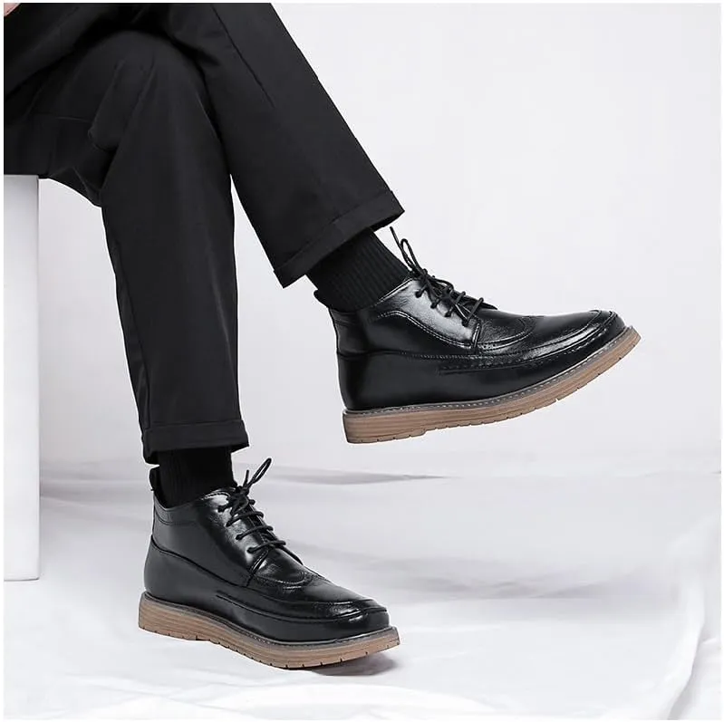 Men's Black Modern Retro Brogue Oxford Shoes with Chunky Sole Lace Up High Top Leather Footwear for Casual Wear
