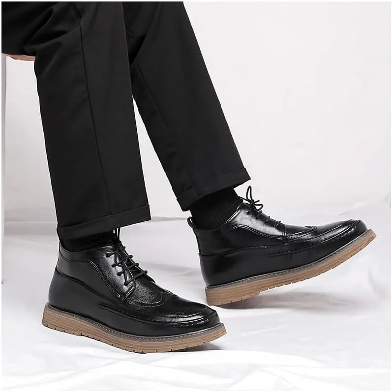 Men's Black Modern Retro Brogue Oxford Shoes with Chunky Sole Lace Up High Top Leather Footwear for Casual Wear