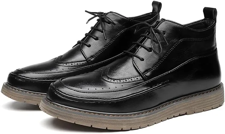 Men's Black Modern Retro Brogue Oxford Shoes with Chunky Sole Lace Up High Top Leather Footwear for Casual Wear