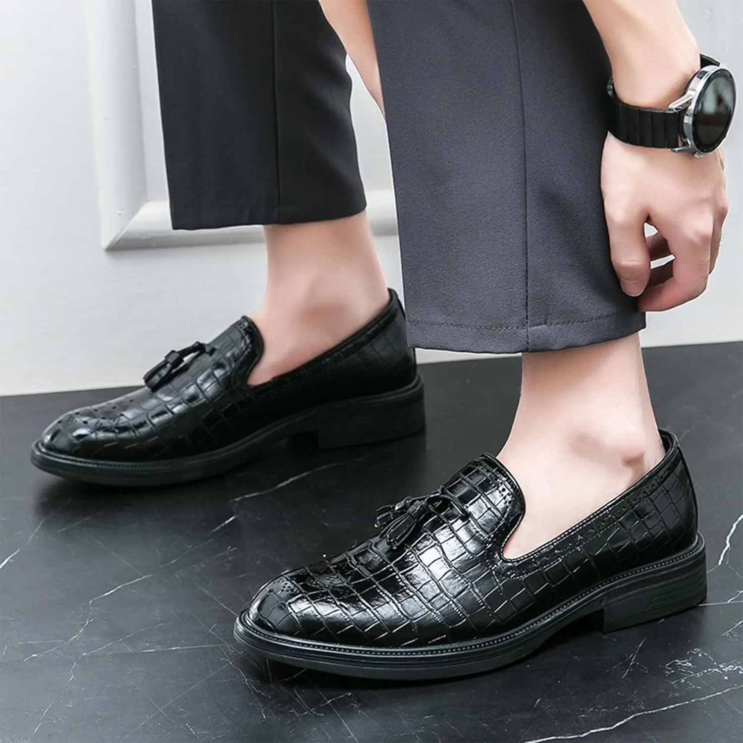 Men's Leather Tassel Loafers Classic Crocodile Printed Slip-on Casual Non-Slip Business Dress Oxford Shoes Penny Loafer for Men