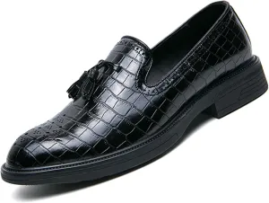 Men's Leather Tassel Loafers Classic Crocodile Printed Slip-on Casual Non-Slip Business Dress Oxford Shoes Penny Loafer for Men