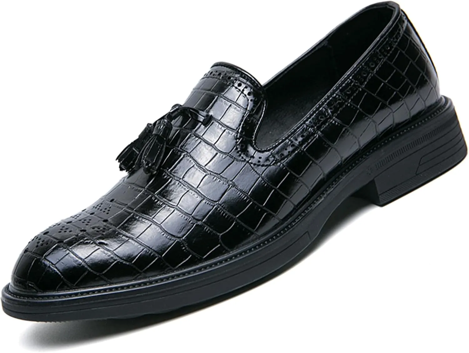 Men's Leather Tassel Loafers Classic Crocodile Printed Slip-on Casual Non-Slip Business Dress Oxford Shoes Penny Loafer for Men