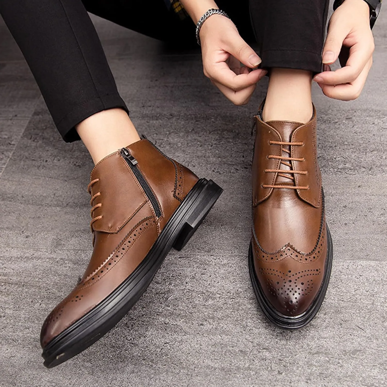 Men's Wingtip Brogue Oxford Dress Boots,Fashion Cap-Toe High Top Lace Up Chukka Boots Leather Classic Retro Ankle Boots