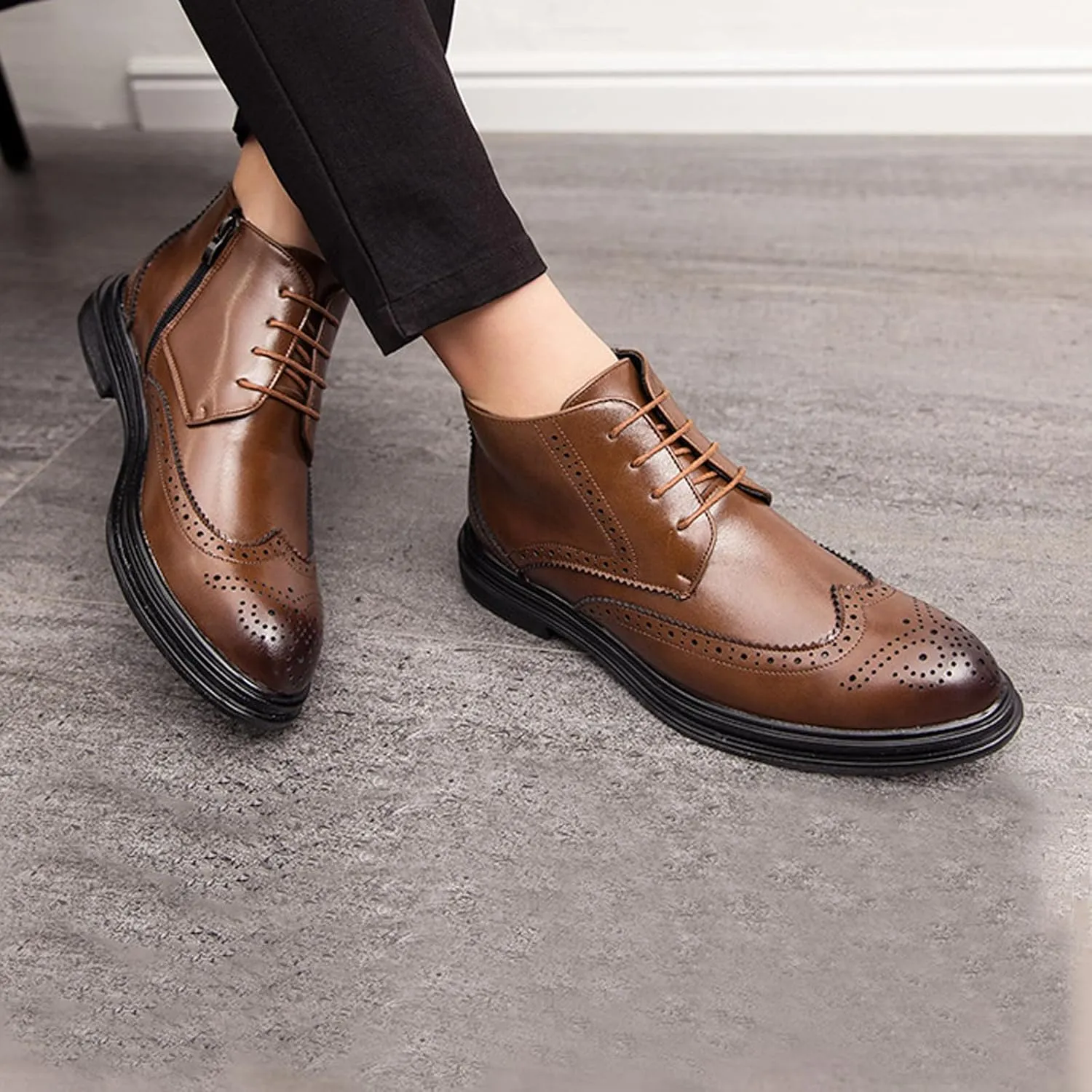 Men's Wingtip Brogue Oxford Dress Boots,Fashion Cap-Toe High Top Lace Up Chukka Boots Leather Classic Retro Ankle Boots