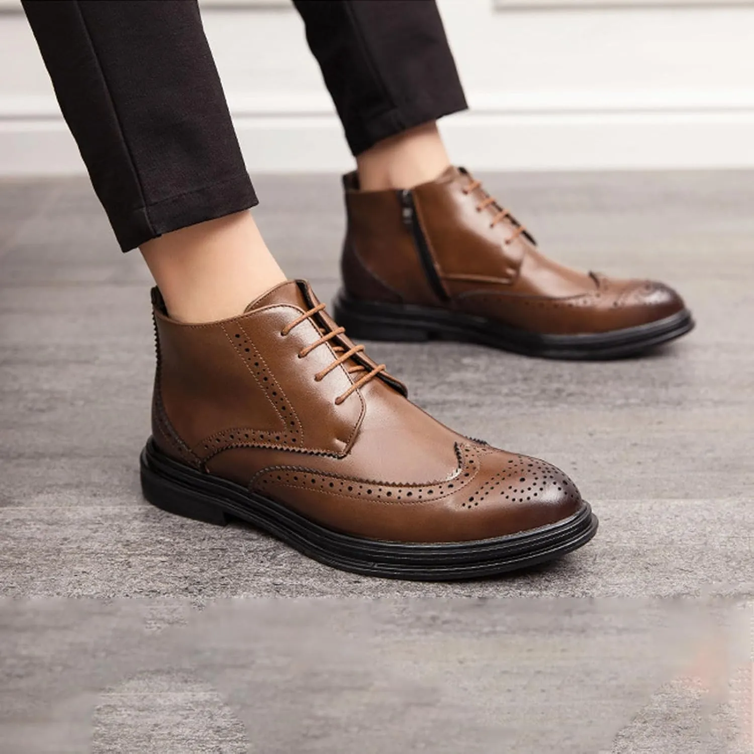 Men's Wingtip Brogue Oxford Dress Boots,Fashion Cap-Toe High Top Lace Up Chukka Boots Leather Classic Retro Ankle Boots