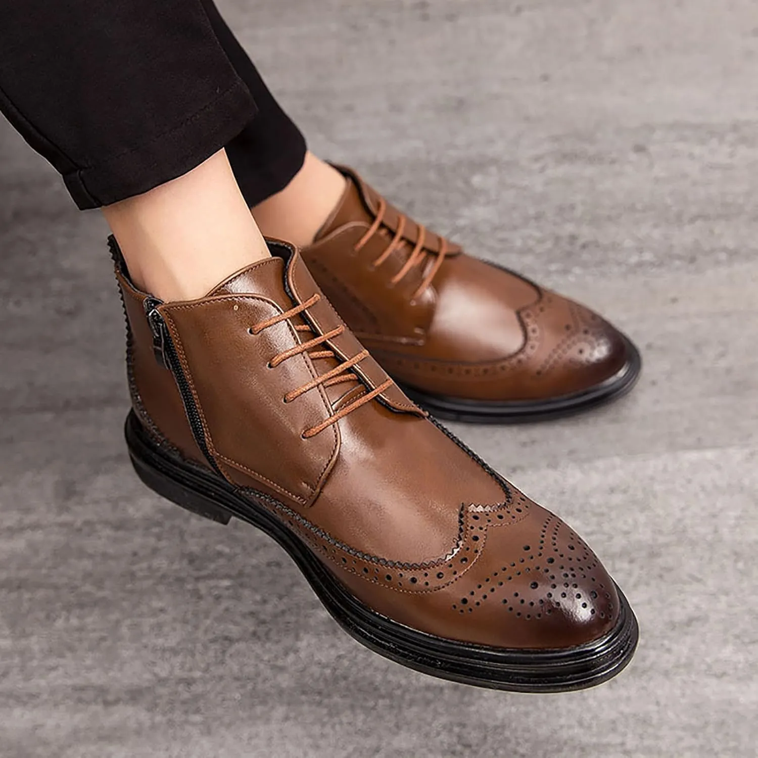 Men's Wingtip Brogue Oxford Dress Boots,Fashion Cap-Toe High Top Lace Up Chukka Boots Leather Classic Retro Ankle Boots