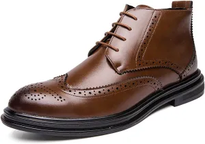 Men's Wingtip Brogue Oxford Dress Boots,Fashion Cap-Toe High Top Lace Up Chukka Boots Leather Classic Retro Ankle Boots