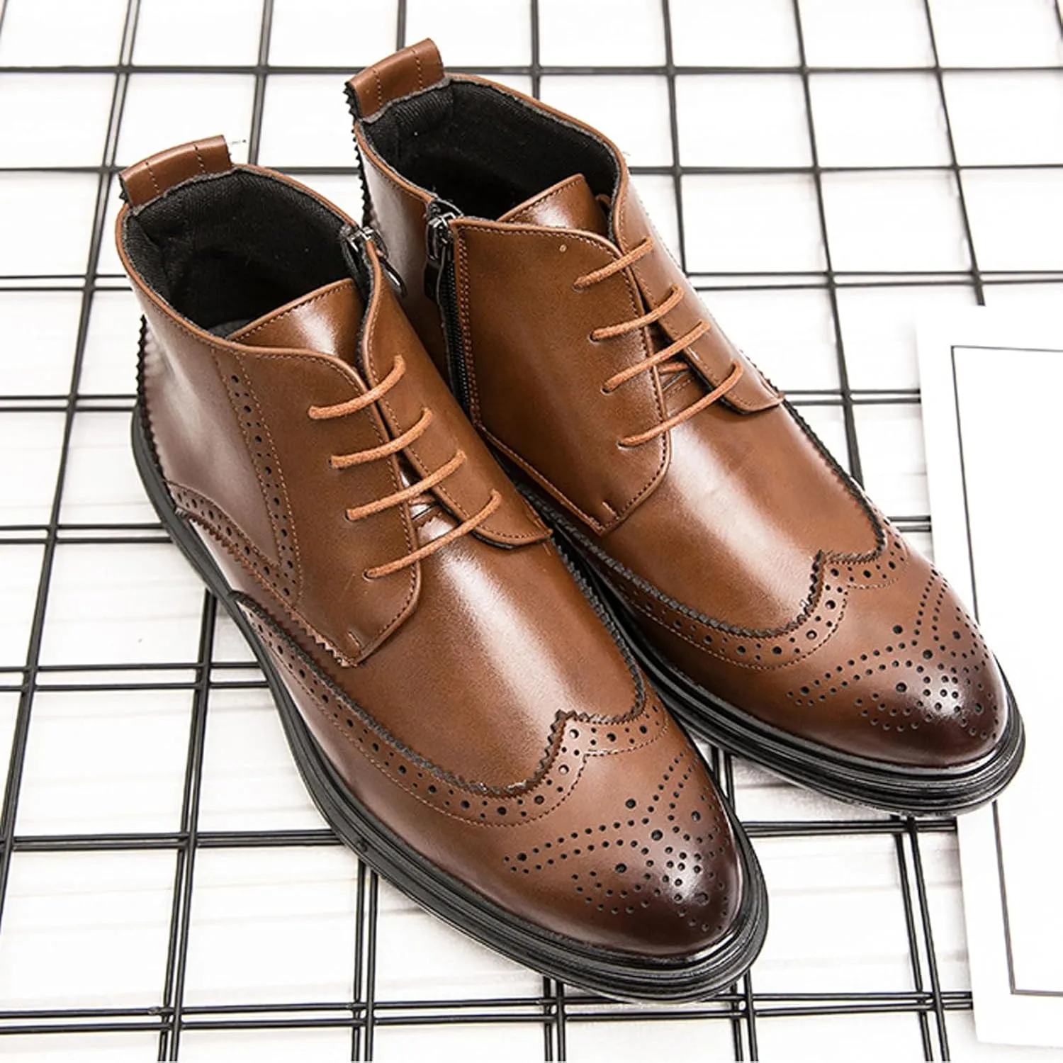 Men's Wingtip Brogue Oxford Dress Boots,Fashion Cap-Toe High Top Lace Up Chukka Boots Leather Classic Retro Ankle Boots