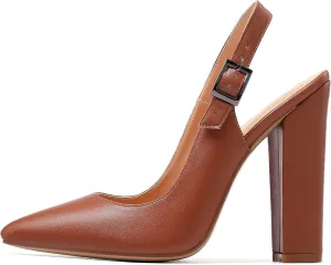 Mettesally Women's Slingback Chunky Block High Heels Pointed Toe Pumps Ankle Strap Party Office Heeled Shoes