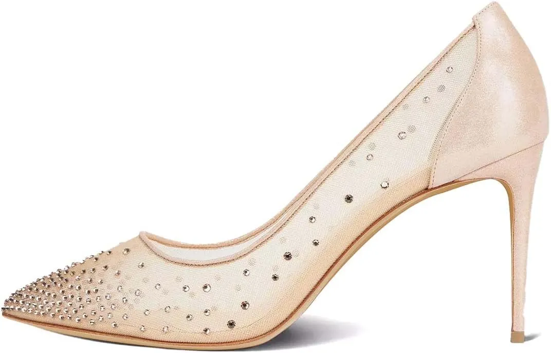 miss left Womens Closed Pointy Toe Stiletto Heel Pumps Mid High Heeled Slip On Rhinestones Shoes for Daily Party Ballroom Size 4-16 US