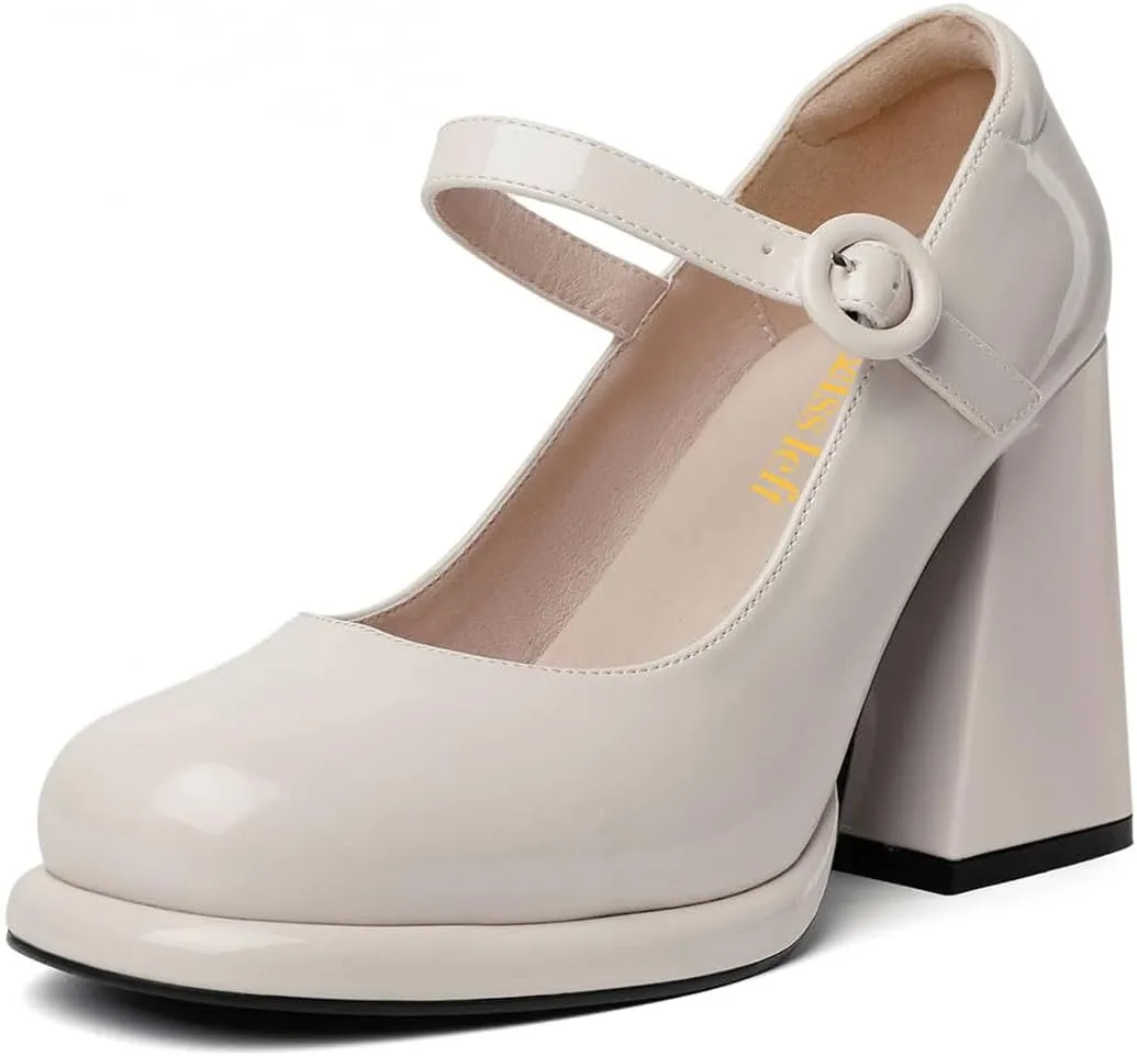 miss left Women's Platform Closed Round Toe Pumps Mary Janes Glossy Leather Ankle Strap Chunky High Heels Girls Party Dressy Shoes Size 4-16 US