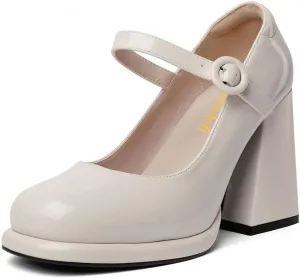 miss left Women's Platform Closed Round Toe Pumps Mary Janes Glossy Leather Ankle Strap Chunky High Heels Girls Party Dressy Shoes Size 4-16 US
