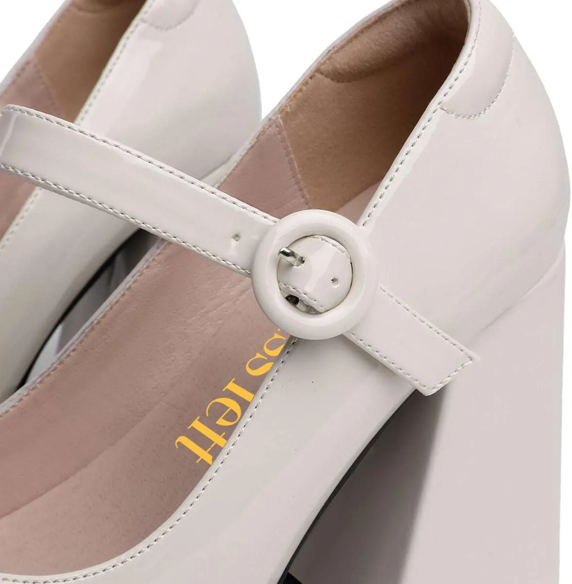 miss left Women's Platform Closed Round Toe Pumps Mary Janes Glossy Leather Ankle Strap Chunky High Heels Girls Party Dressy Shoes Size 4-16 US